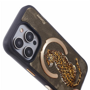 iPhone Premium 3D Embroidered Animal Series Leather MagSafe Case Cover (Golden Leopard)