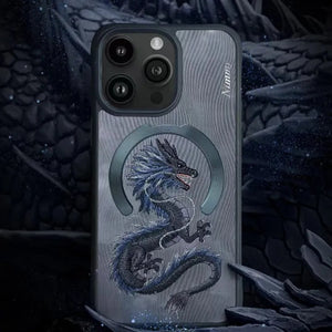 iPhone Premium 3D Embroidered Animal Series Leather MagSafe Case Cover (Black Dragon)