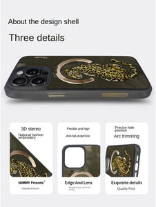 iPhone Premium 3D Embroidered Animal Series Leather MagSafe Case Cover (Golden Leopard)