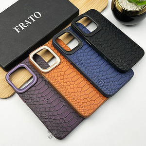 iPhone 15 Series Python Skin Texture Pu Leather Metal Frame Case Cover