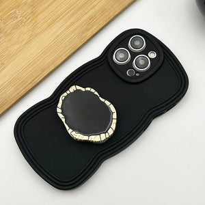 iPhone Wavy Effect Matte Silicone Case Cover With Pop Holder (Black)