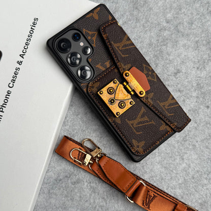 Brand Leather Card Holder Slot Lock Sling Cover For Samsung Phone