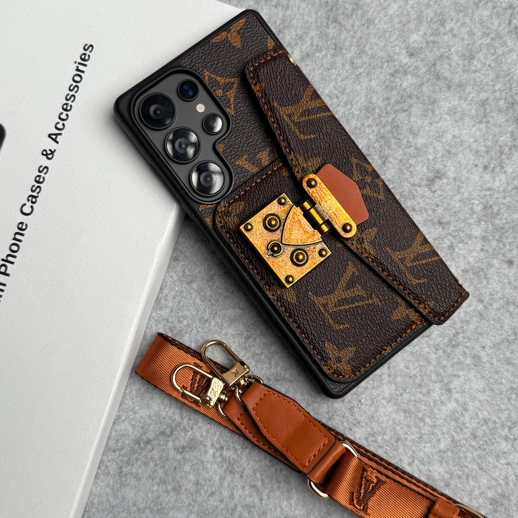 Brand Leather Card Holder Slot Lock Sling Cover For Samsung Phone
