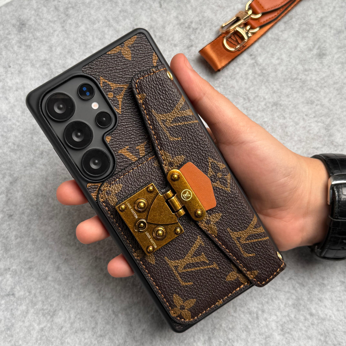 Brand Leather Card Holder Slot Lock Sling Cover For Samsung Phone