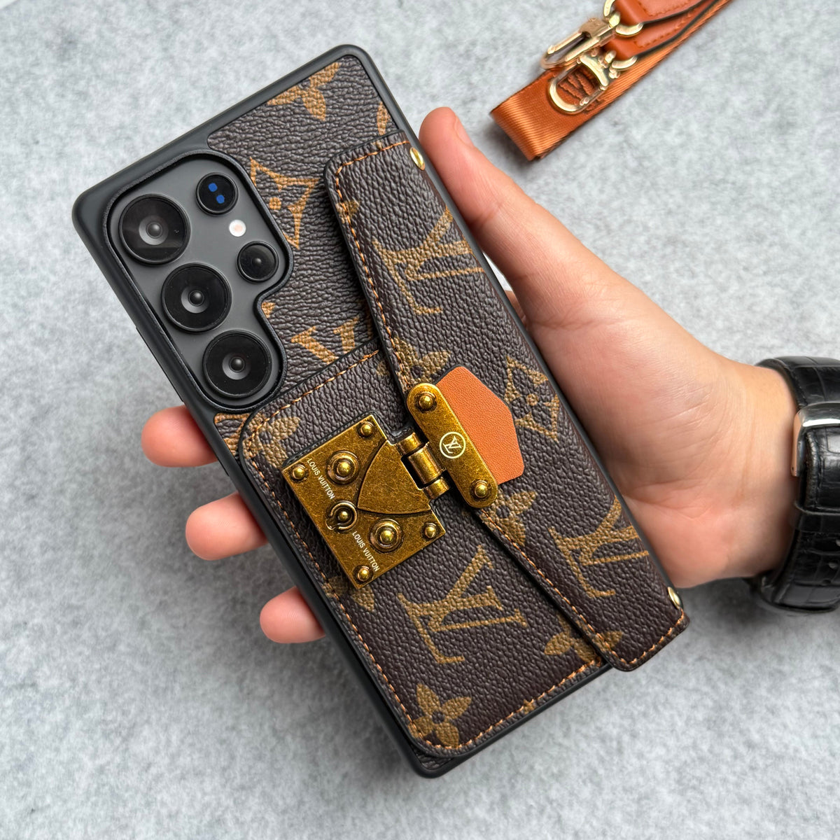 Brand Leather Card Holder Slot Lock Sling Cover For Samsung Phone