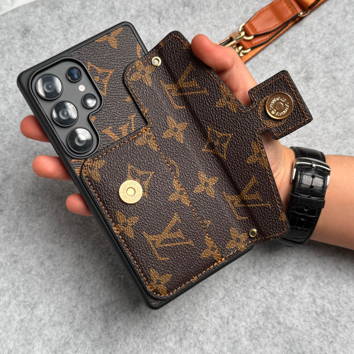 Brand Leather Card Holder Slot Lock Sling Cover For Samsung Phone