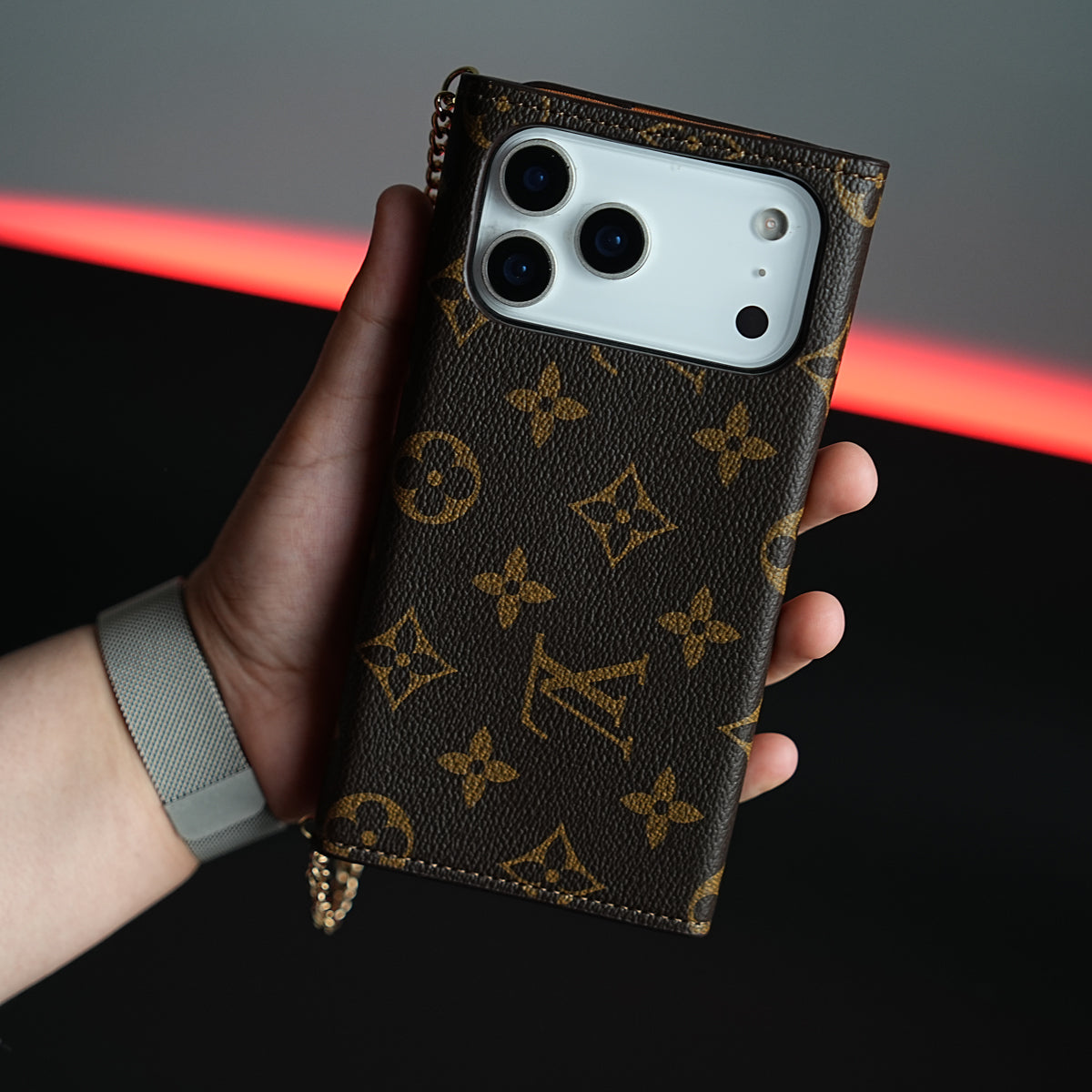Luxury Monogram Lock Wallet Case with Scarf Chain Strap for iPhone Series