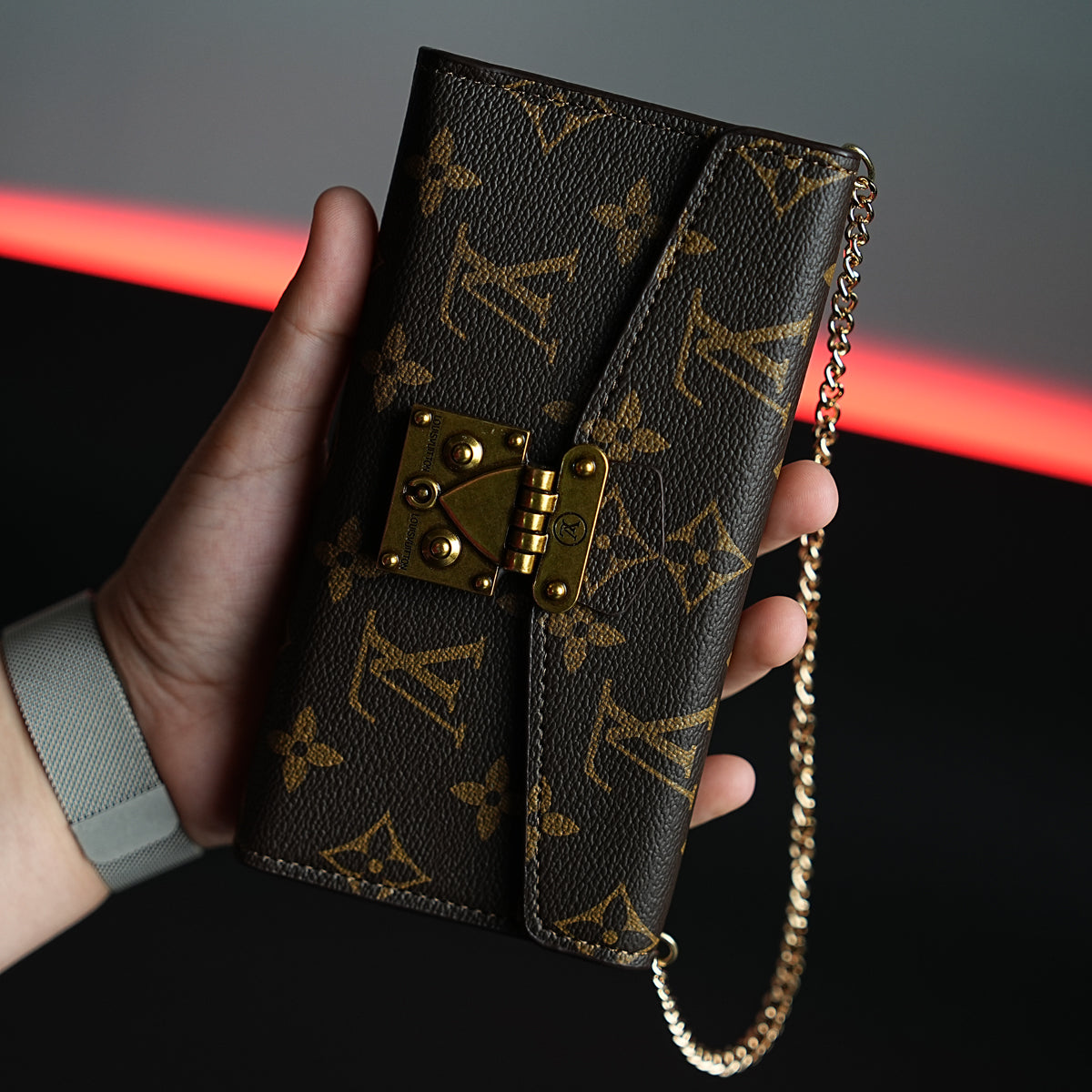 Luxury Monogram Lock Wallet Case with Scarf Chain Strap for iPhone Series