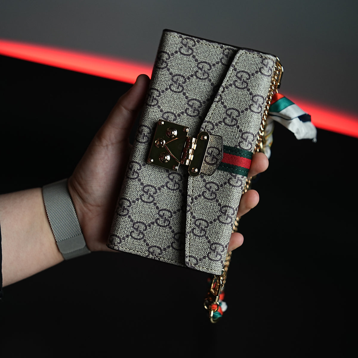 Luxury Monogram PU Leather Wallet Case with Braided Chain Strap iPhone Series