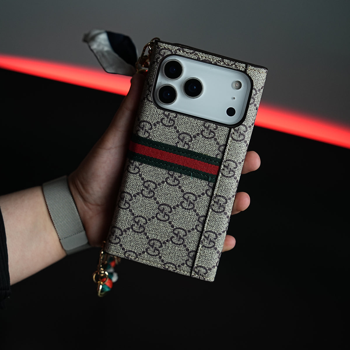 Luxury Monogram PU Leather Wallet Case with Braided Chain Strap iPhone Series