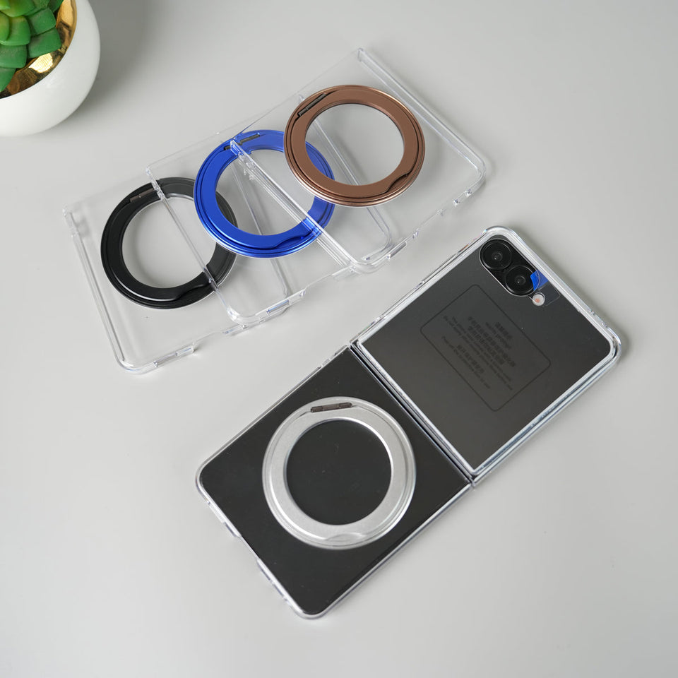 Samsung Galaxy Z Flip 7 Crystal Clear Case with 360° Rotating Stand & Front Glass Protection