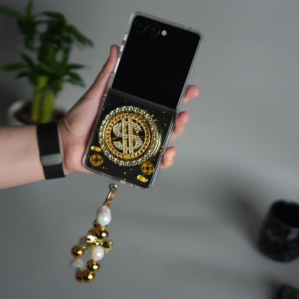Galaxy Z Flip 7 Luxury Spinning Dollar Bling Case | Crystal Clear Cover with Pearl Strap