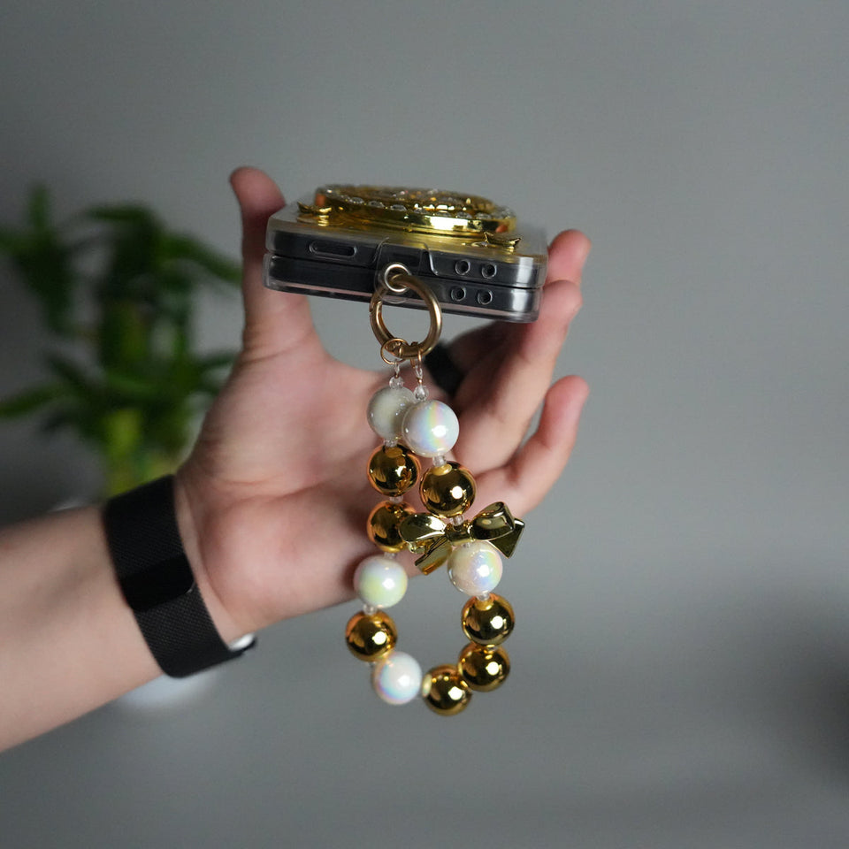 Galaxy Z Flip 7 Luxury Spinning Dollar Bling Case | Crystal Clear Cover with Pearl Strap