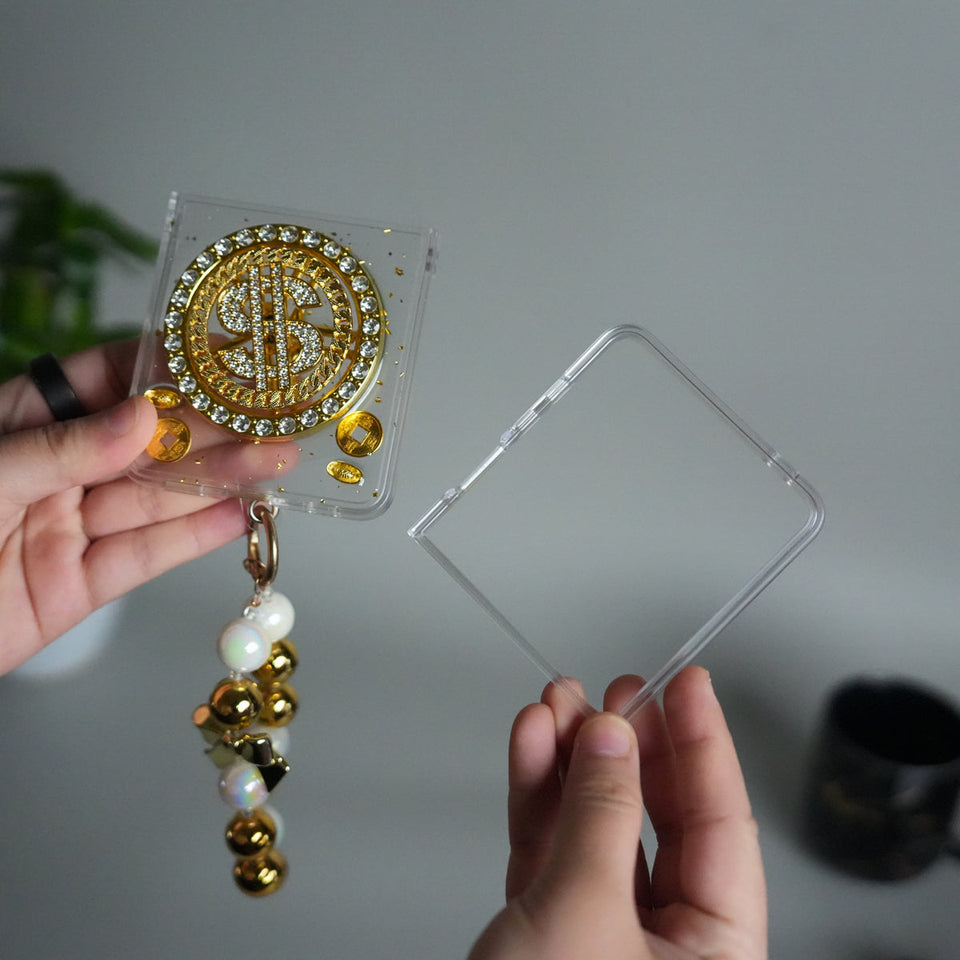 Galaxy Z Flip 7 Luxury Spinning Dollar Bling Case | Crystal Clear Cover with Pearl Strap