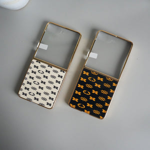 Galaxy Z Flip 7 Luxury Glossy Designer Glass Case | Gold Frame Cover with Front Glass