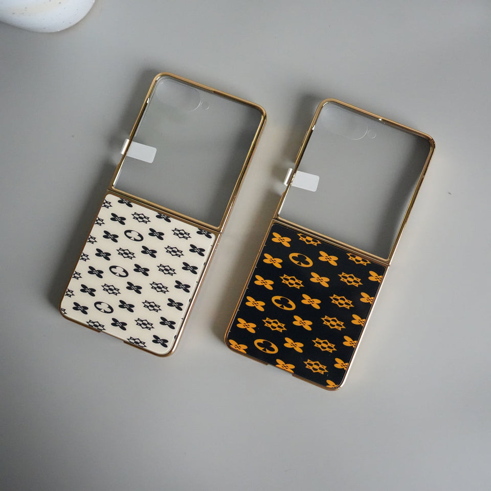 Galaxy Z Flip 7 Luxury Glossy Designer Glass Case | Gold Frame Cover with Front Glass