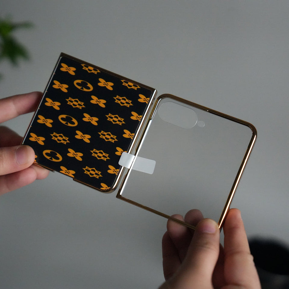 Galaxy Z Flip 7 Luxury Glossy Designer Glass Case | Gold Frame Cover with Front Glass