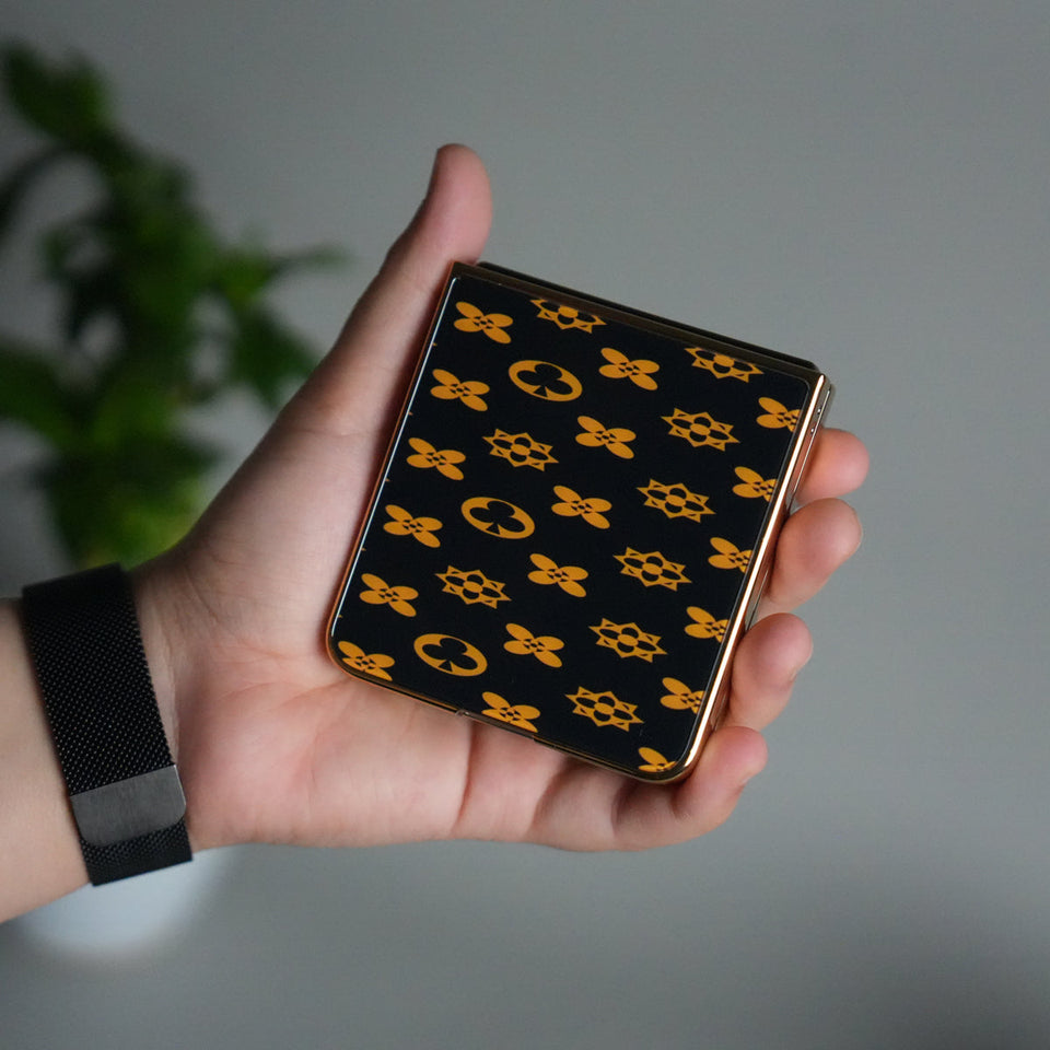 Galaxy Z Flip 7 Luxury Glossy Designer Glass Case | Gold Frame Cover with Front Glass