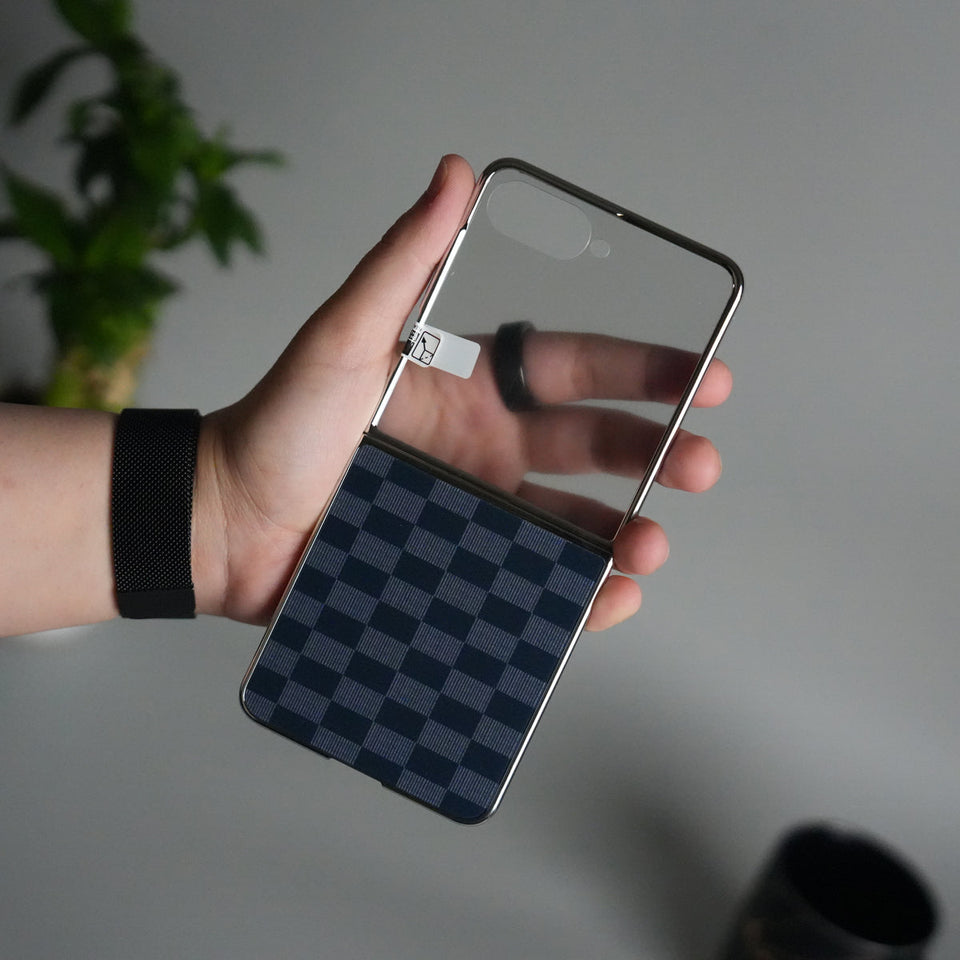 Galaxy Z Flip 7 Luxury Glossy Checks Designer Glass Case | Gold Frame Cover with Front Glass