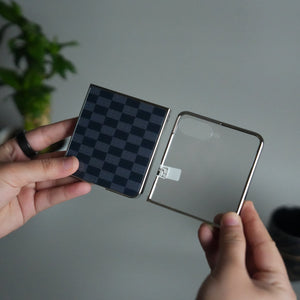 Galaxy Z Flip 7 Luxury Glossy Checks Designer Glass Case | Gold Frame Cover with Front Glass