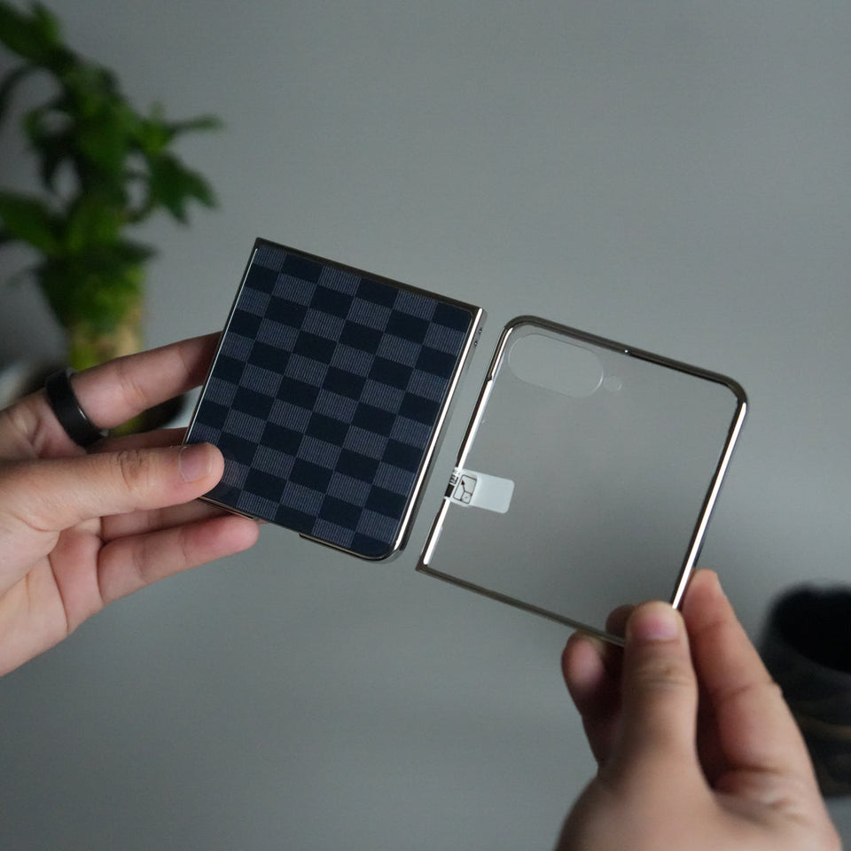 Galaxy Z Flip 7 Luxury Glossy Checks Designer Glass Case | Gold Frame Cover with Front Glass