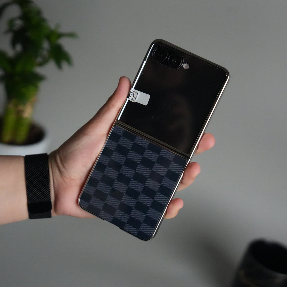 Galaxy Z Flip 7 Luxury Glossy Checks Designer Glass Case | Gold Frame Cover with Front Glass