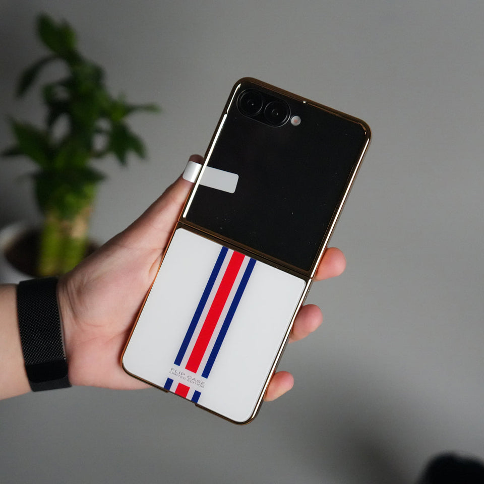 Galaxy Z Flip 7 Luxury Stripe Glass Case | Chrome Plated Clear Back Cover with Glossy Finish