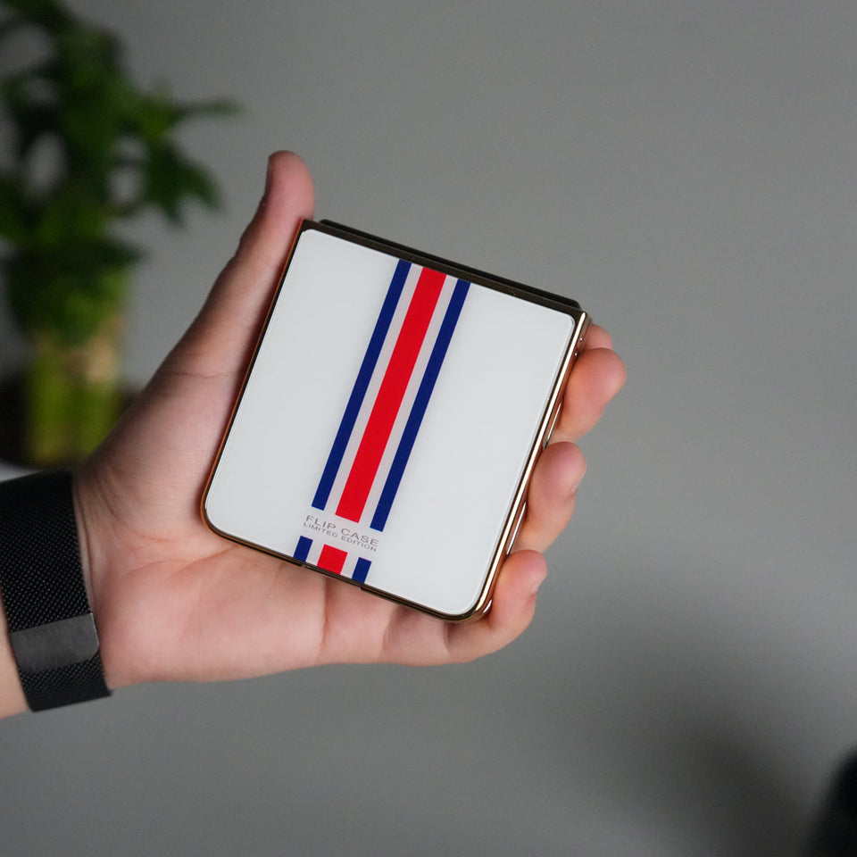 Galaxy Z Flip 7 Luxury Stripe Glass Case | Chrome Plated Clear Back Cover with Glossy Finish