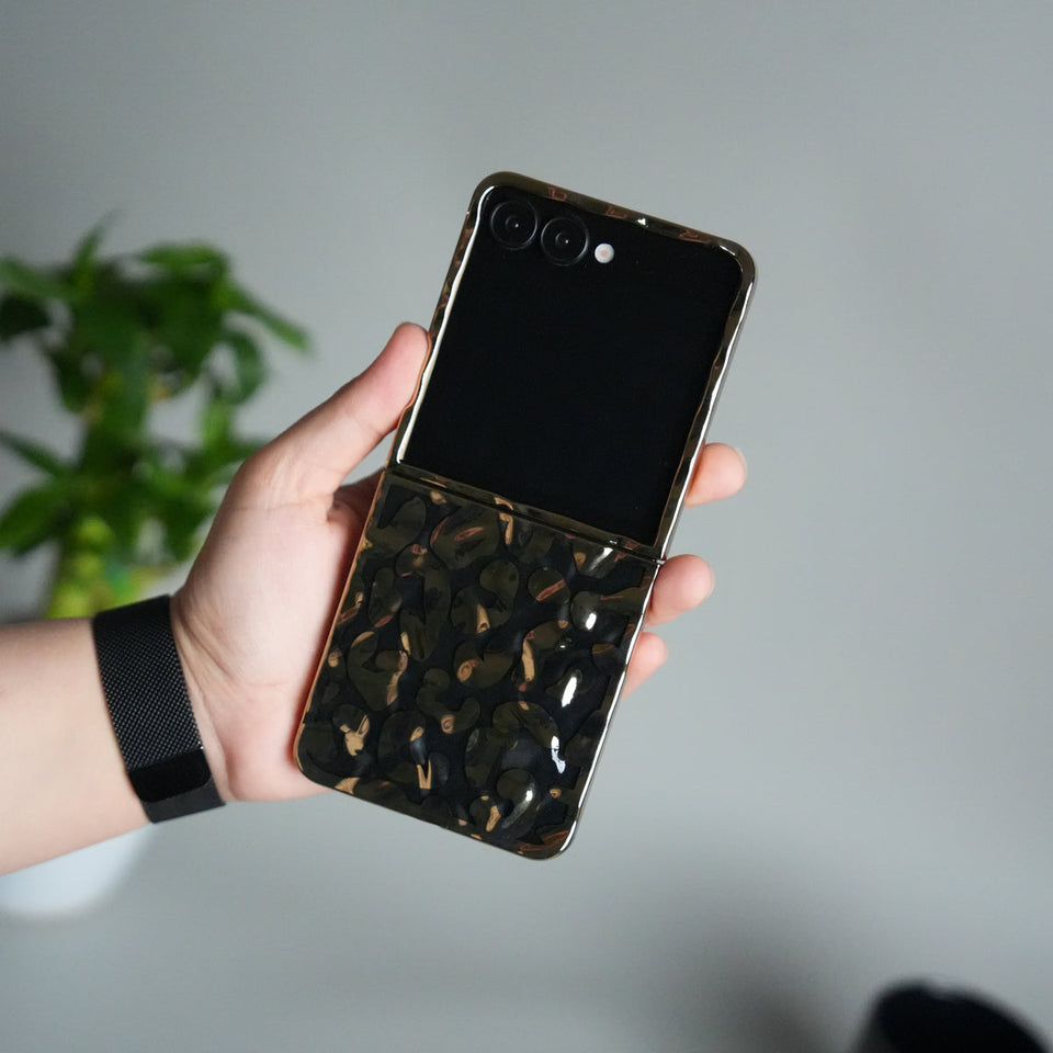 Galaxy Z Flip 7 Chrome Leopard Case | Luxury Transparent Back with Gold Frame