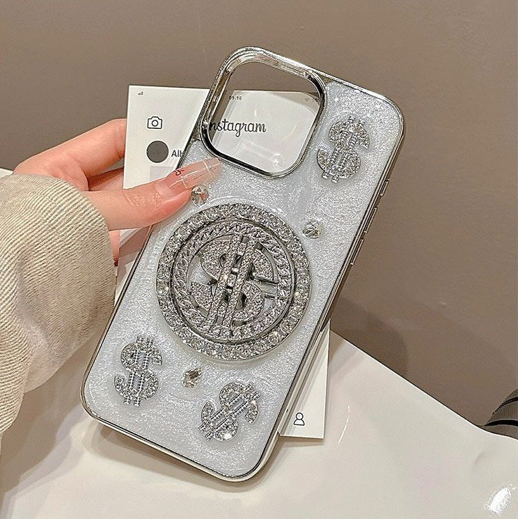 iPhone Premium Glitter Diamond Rotating Silver Dollar Case