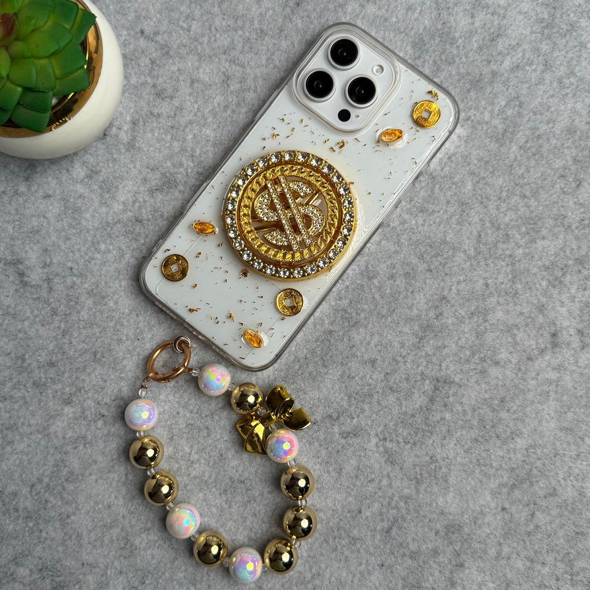 Premium Rotation Dollar Bracelet Wristband Chain Phone Case Cover For iPhone
