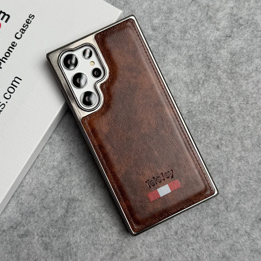 Samsung Galaxy Ultra Series Textured PU Leather Side Chrome Cover ( Light Brown)