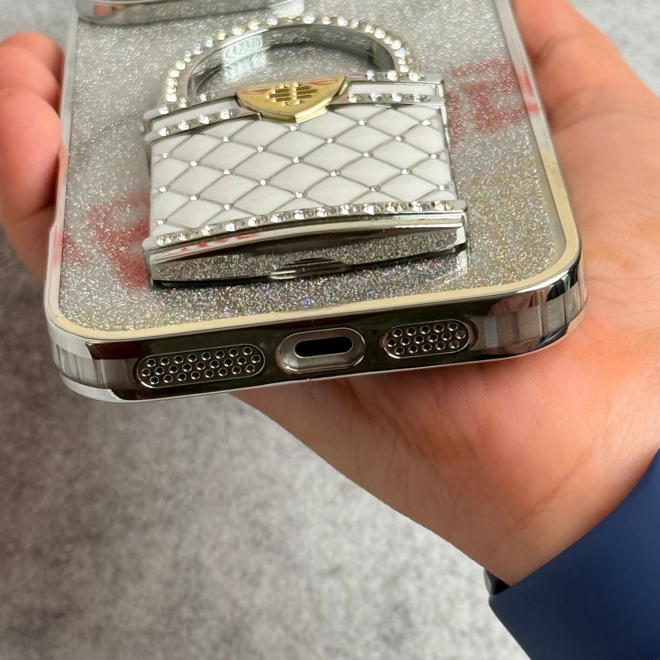 3D Rhinestone Bag Invisible Stand Mirror Glitter iPhone Case Silver