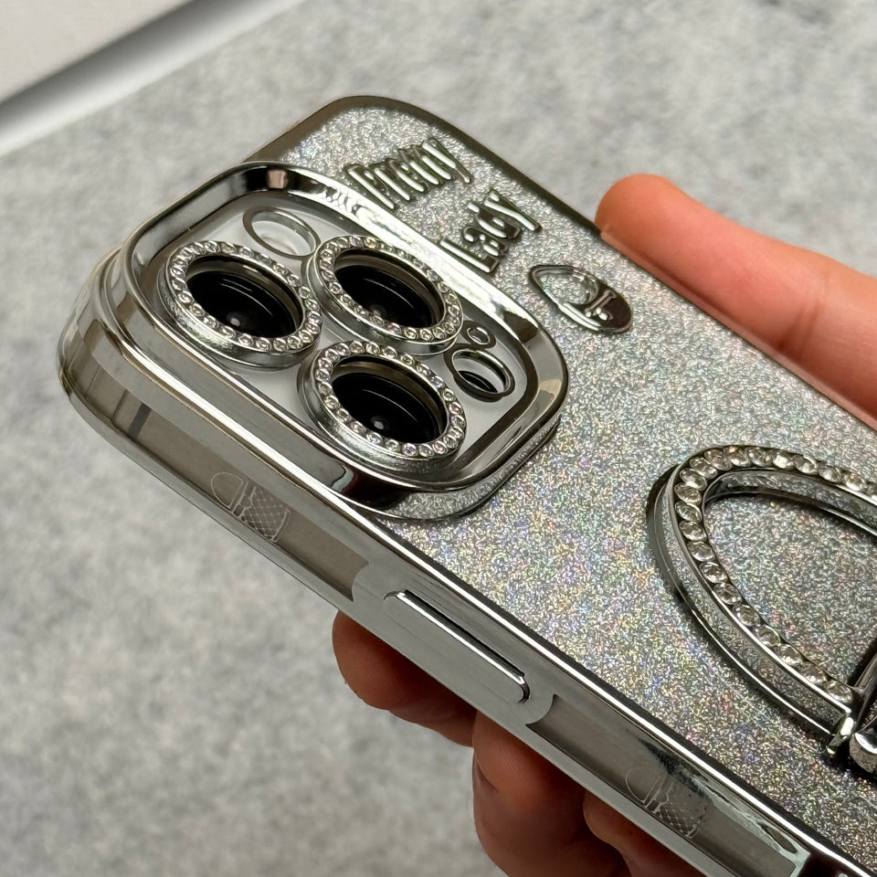 3D Rhinestone Bag Invisible Stand Mirror Glitter iPhone Case Silver