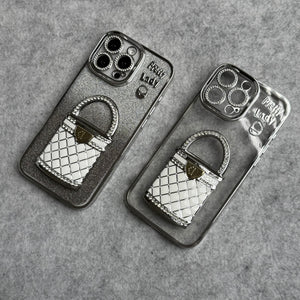 3D Rhinestone Bag Invisible Stand Mirror Glitter iPhone Case Silver