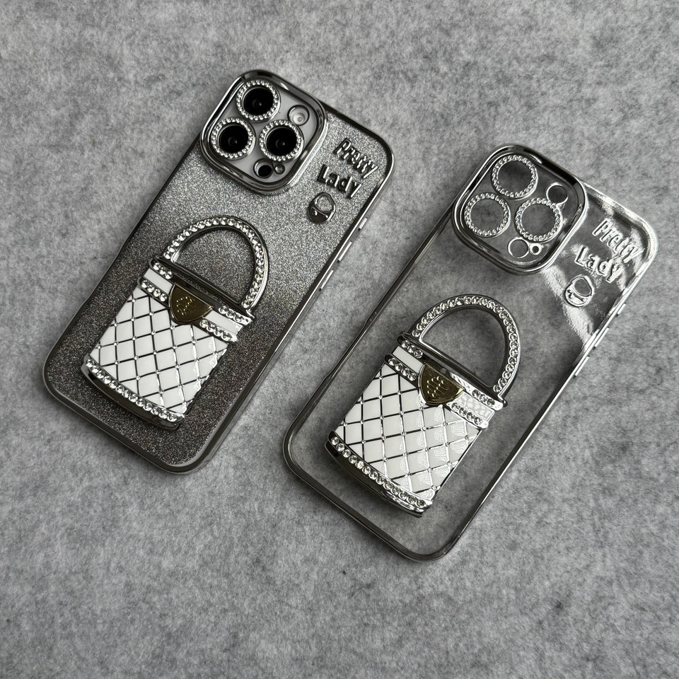 3D Rhinestone Bag Invisible Stand Mirror Glitter iPhone Case Silver