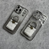 3D Rhinestone Bag Invisible Stand Mirror Glitter iPhone Case Silver