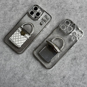 3D Rhinestone Bag Invisible Stand Mirror Glitter iPhone Case Silver