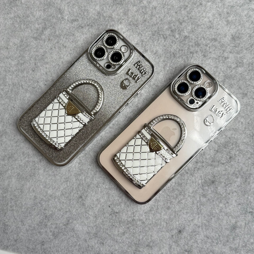 3D Rhinestone Bag Invisible Stand Mirror Glitter iPhone Case Silver