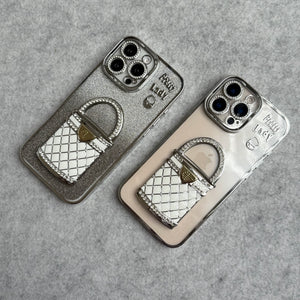 3D Rhinestone Bag Invisible Stand Mirror Glitter iPhone Case Silver