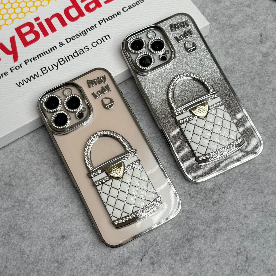 3D Rhinestone Bag Invisible Stand Mirror Glitter iPhone Case Silver