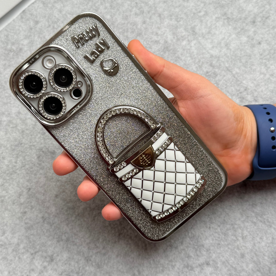 3D Rhinestone Bag Invisible Stand Mirror Glitter iPhone Case Silver
