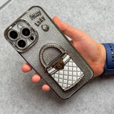 3D Rhinestone Bag Invisible Stand Mirror Glitter iPhone Case Silver