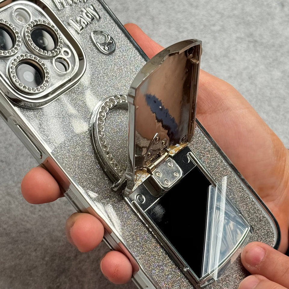 3D Rhinestone Bag Invisible Stand Mirror Glitter iPhone Case Silver