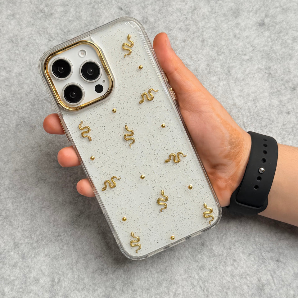 Cute Epoxy Golden Snake Pattern Transparent Shockproof Case Cover For iPhone
