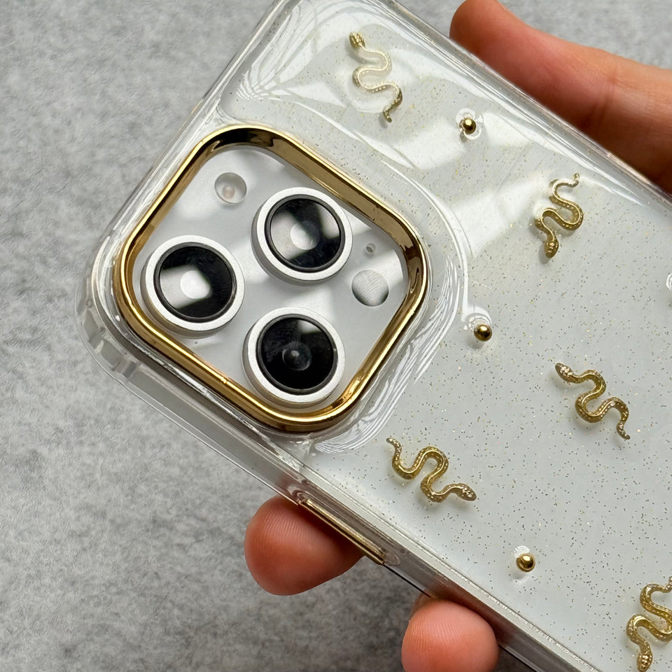 Cute Epoxy Golden Snake Pattern Transparent Shockproof Case Cover For iPhone