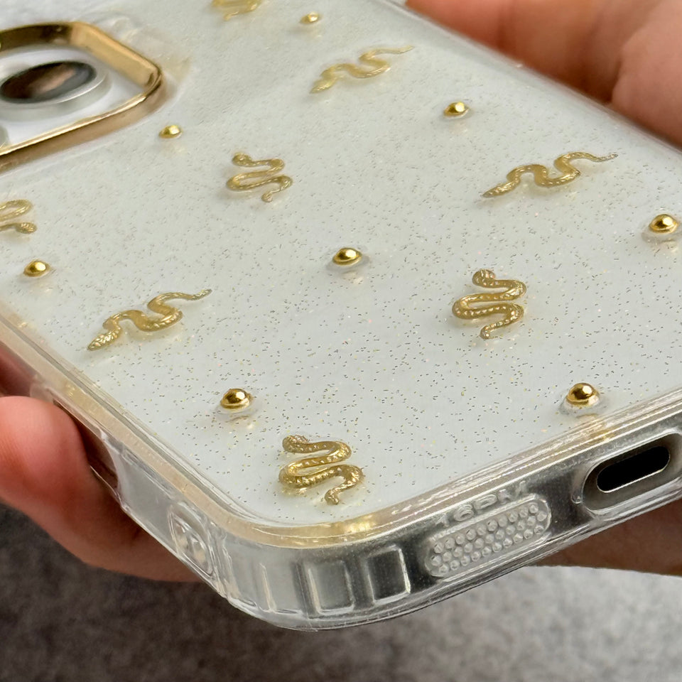 Cute Epoxy Golden Snake Pattern Transparent Shockproof Case Cover For iPhone