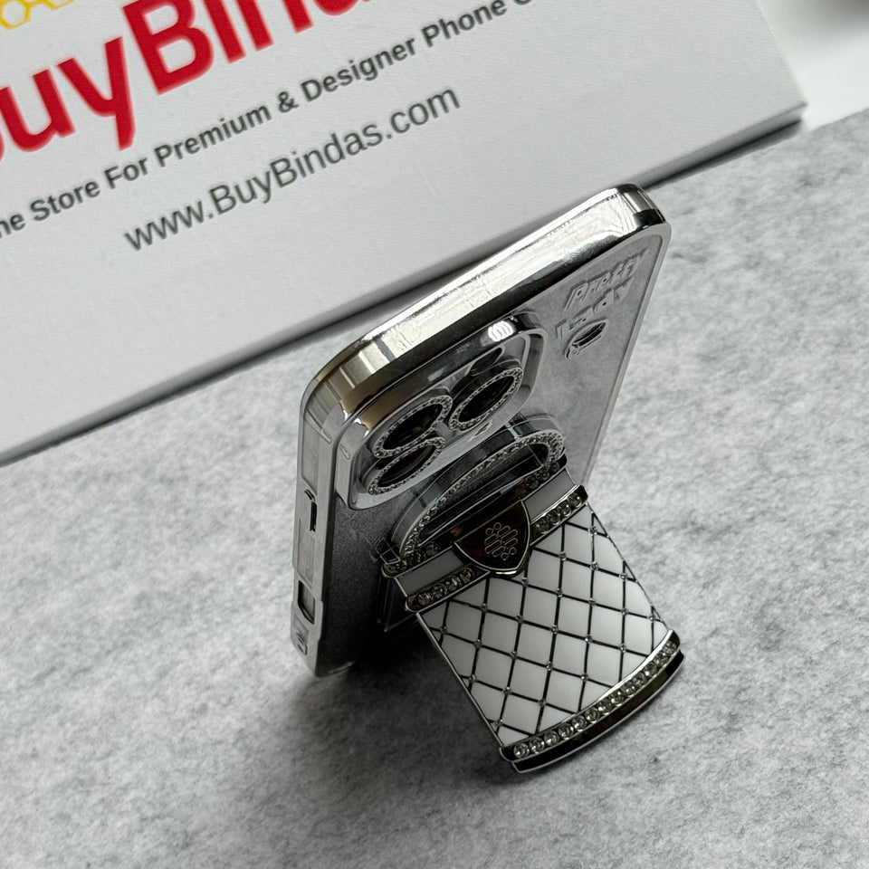 3D Rhinestone Bag Invisible Stand Mirror Glitter iPhone Case Silver