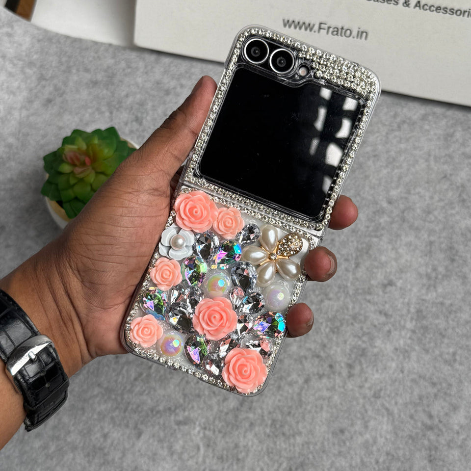 Samsung Galaxy Z Flip 6 3D Pink Flower Pearl Stone Cover