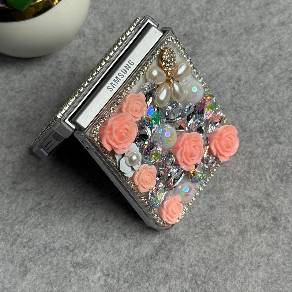 Samsung Galaxy Z Flip 6 3D Pink Flower Pearl Stone Cover